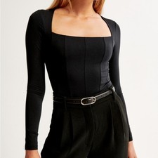 Abercrombie Fitch Long Sleeve Cotton-Modal Square Neck Corset Bodysuit Small