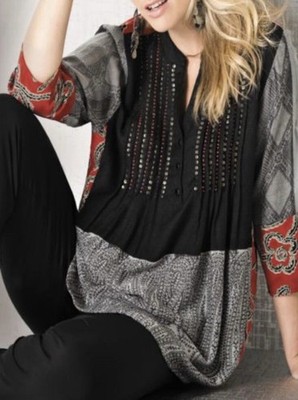 Ulla Popken Tunic Top Blouse 24/26 3/4 Sleeves Patchwork Print Embellished