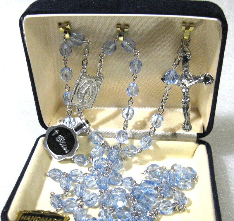 BLISS Rosary Rhodium Plated 21 IN PEWTER middle medal  blue bead handmade