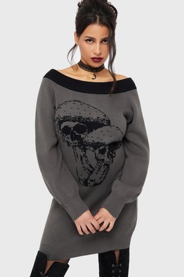 Killstar Skullcap Sweater Mini Dress Womens Off Shoulder Neck Long Sleeve Goth