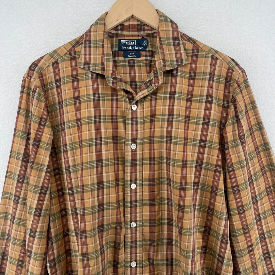 Camisa Polo Ralph Lauren Para Hombres 16.5 L Vestido Estate Ajuste Personalizado A Cuadros De Colección Marrón Foto 4 de 4