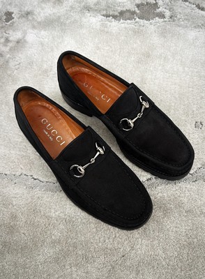 Authentic Gucci Silver Horsebit Black Suede Leather Mens Loafer