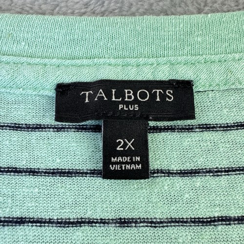 Talbots Top Womens 2X Green Black Striped Linen Blend Button Detail - Picture 10 of 10
