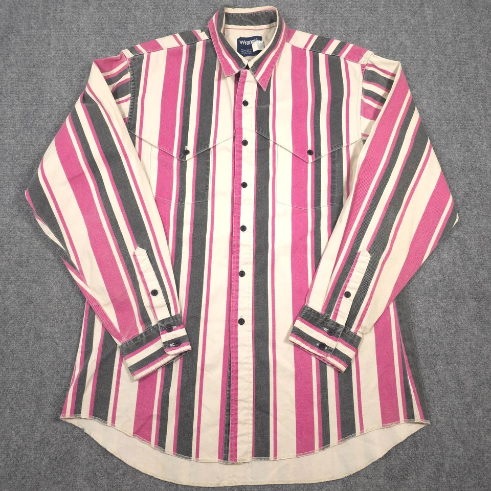 VTG Wrangler Brushpopper Shirt Mens L Striped X-Long Tails Rodeo Made in USA 90s - Image 2 of 4