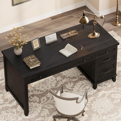 53.5'' Farmhouse Computer Desk with Charging Station, Rustic Black Home Office Ex