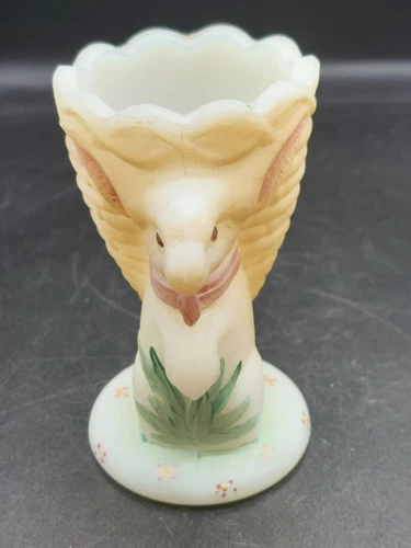 Fenton Bunny Egg Cup, Ivory Sanded Glass Hand Painted Signed Dennis Thornton