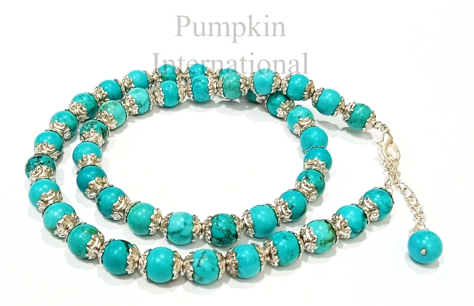 Round Bead Necklace Genuine Natural Blue Turquoise Gemstone Bead Necklace - 18", Round Beads, Silver Plated, Handmade Turquoise Beads 4mm - Foto 2