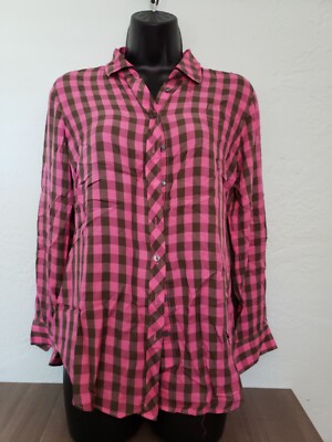 W-Sm Talbots Rayon Light Weight Plaid Button Up Shirt Long Sleeve Collared Pink 