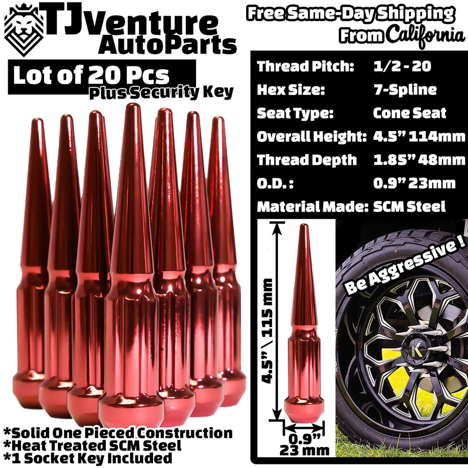 Tuerca de clavo ranurada 20 piezas roja de 4,5" de alto 1/2-20 + ajuste de llave Mercury Pontiac y más Foto 2 de 3