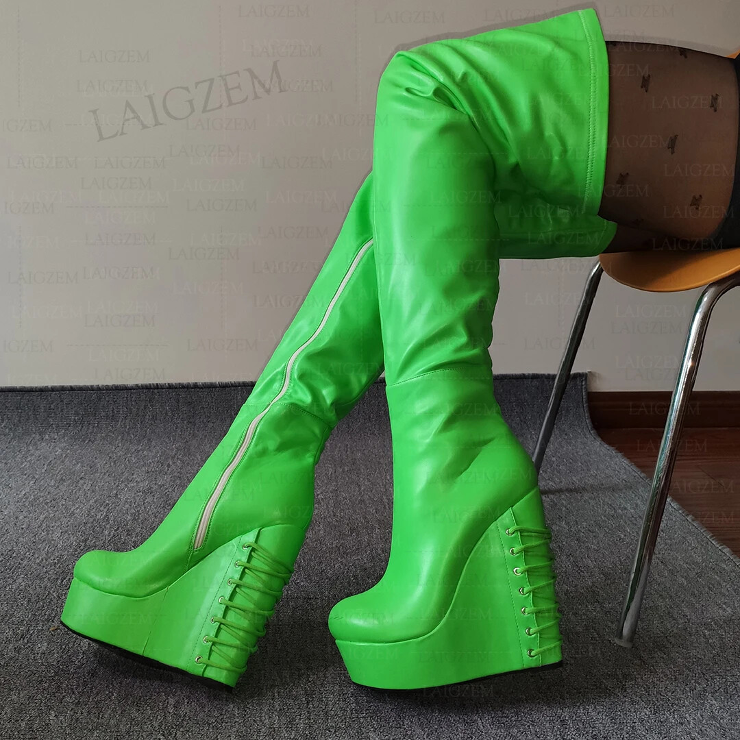 Women Thigh High Boots Wedges Full Zipper Platform Boots Over Knee