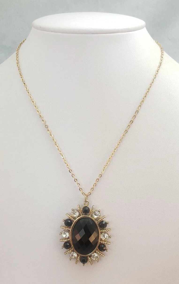 VETEMENTS Collana Ciondolo Lucite Nero Grande Ovale Sfacciato Cristallo Strass Tono Oro