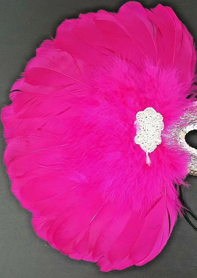 Mardi Gras Silver Sequined Mask Elegant Embellished W/Pink Feather & Faux Pearls - Image 4 of 4