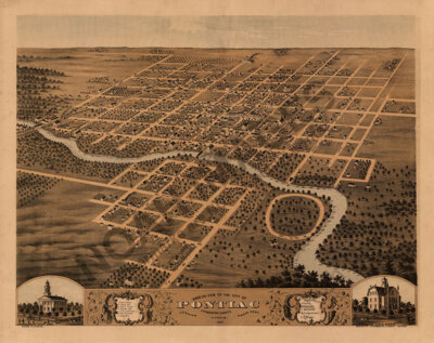 Panoramic Map of Pontiac Illinois 16x20