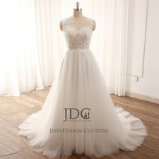 Flowy Lace Bodice Wedding Dress Bridal Gown Custom made 2-28W Ivory Nude