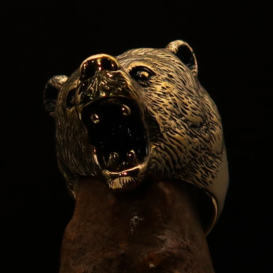ANILLO GRIZZLY, IMPRESIONANTE DISFRAZ DE LATÓN PARA HOMBRE ANILLO DE MOTOCICLISTA CABEZA DE OSO PARDO TALLA 10.5 Foto 2 de 4