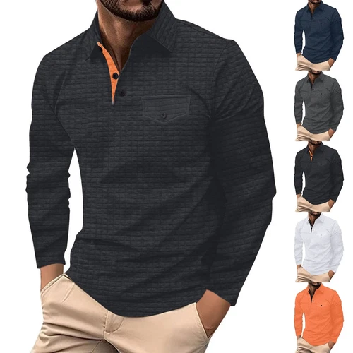 Herren Poloshirt Freizeit Langarm Hemd Oberteil Knopfleiste Golfhemd mit Tasche- - Bild 1 von 18