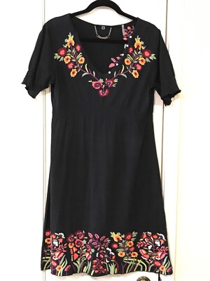 BELLA CARRA Medium BOHO Tunic Dress Floral Embroidered Embellished V Neck Empire