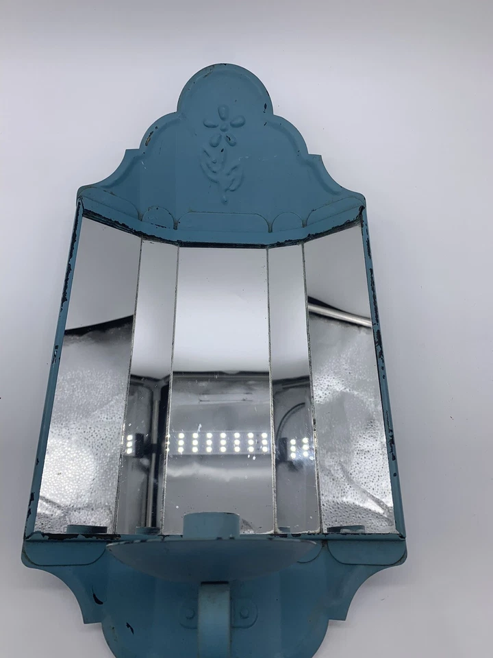 Vintage Light Blue Metal 3D Mirror Wall Panel Scone Candle Holder 17” X 8” - Image 3 of 4