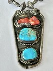 VTG.STERLING SILVER NAVAJO OLD PAWN RARE CORAL TURQUOISE NECKLACE AMAZING 46.8gr — photo 2