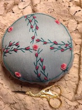 HANDMADE PINCUSHION  PINK BULLION ROSES AND BUDS
