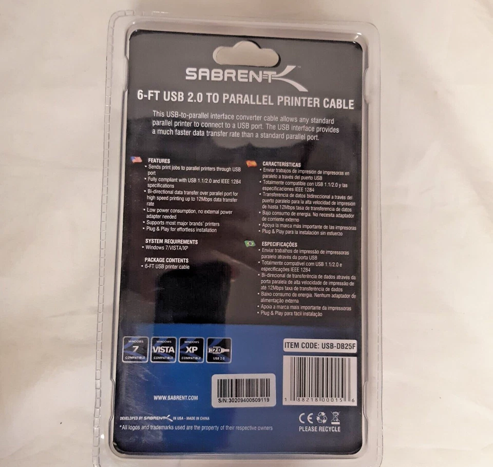 Sabrent USB 2.0 to Parallel Printer Cable (IEEE 1284) - 6 ft. - RETAIL PACKAGING - Image 2 of 2