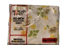 Vintage Morgan Jones Double Fitted Sheet FLOWER SONG Made in USA 1970's Muslin