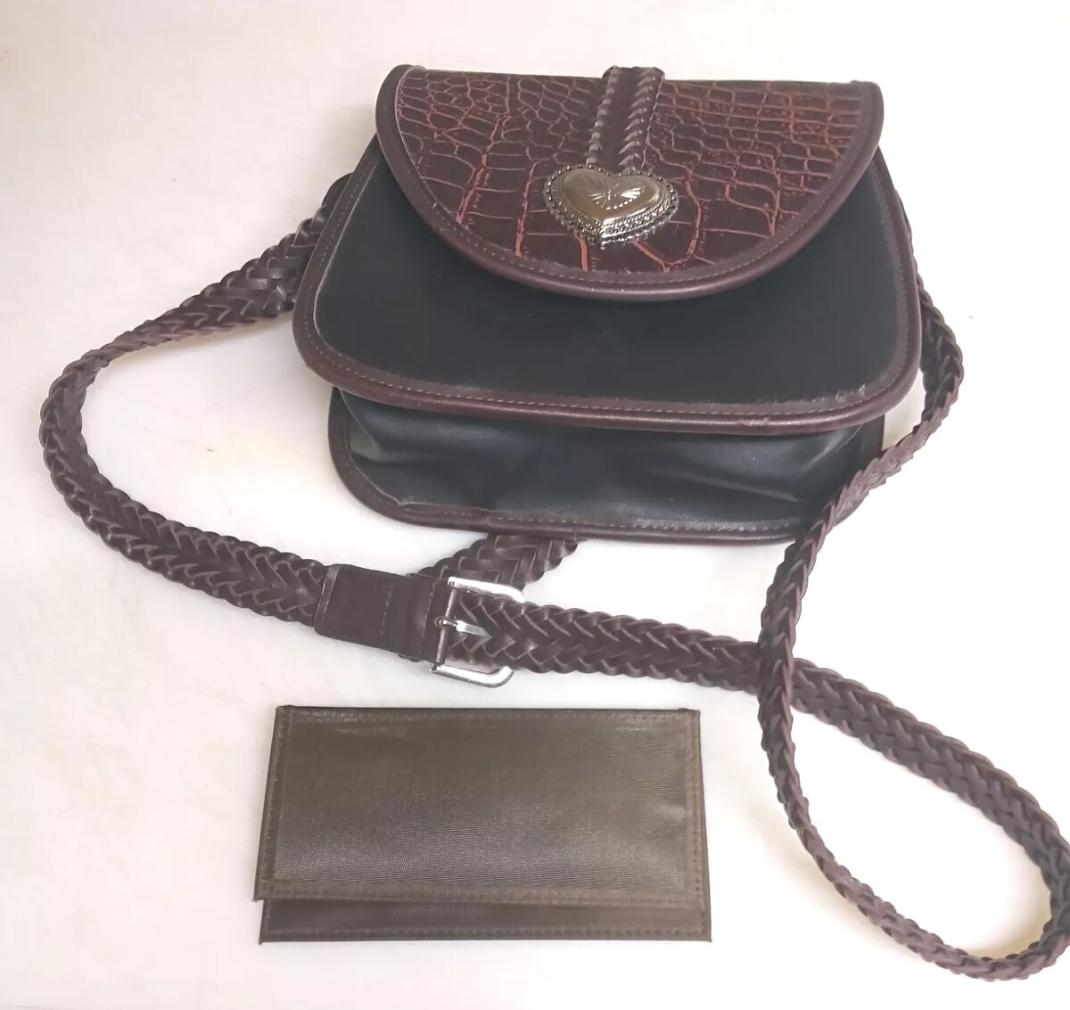 Brighton Brown Black Leather Bag Purse Silver Heart Flap  display picture 3