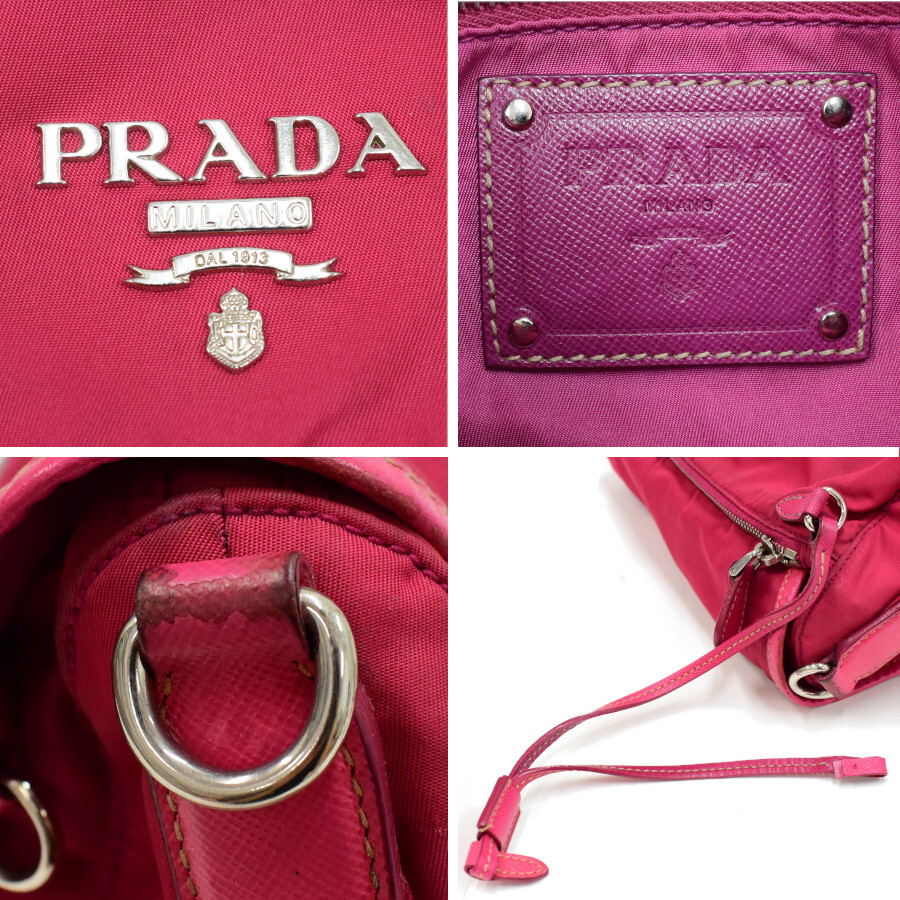 Used Prada Messenger Shoulder Bag Nylon Leather Pink Silver Hardware