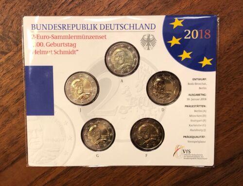2 Euro Sammlermünzenset 2018 „100. Geburtstag Helmut Schmidt“ Stempelglanz OVP - Bild 1 von 2