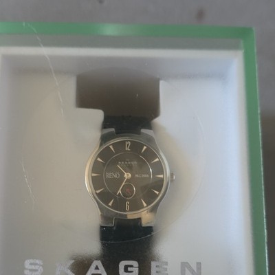 Skagen Black Leather Quartz Wristwatch Silver Stainless Steel Analog w/ Box