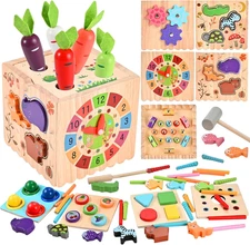 Activity Cube, 10-In-1 Wooden Montessori Toys for Toddlers,Multipurpose Educatio