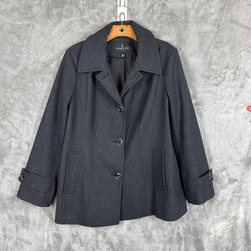 London Fog Damen Pea Coat Grau Wollmischung Mantel Jacke Größe L