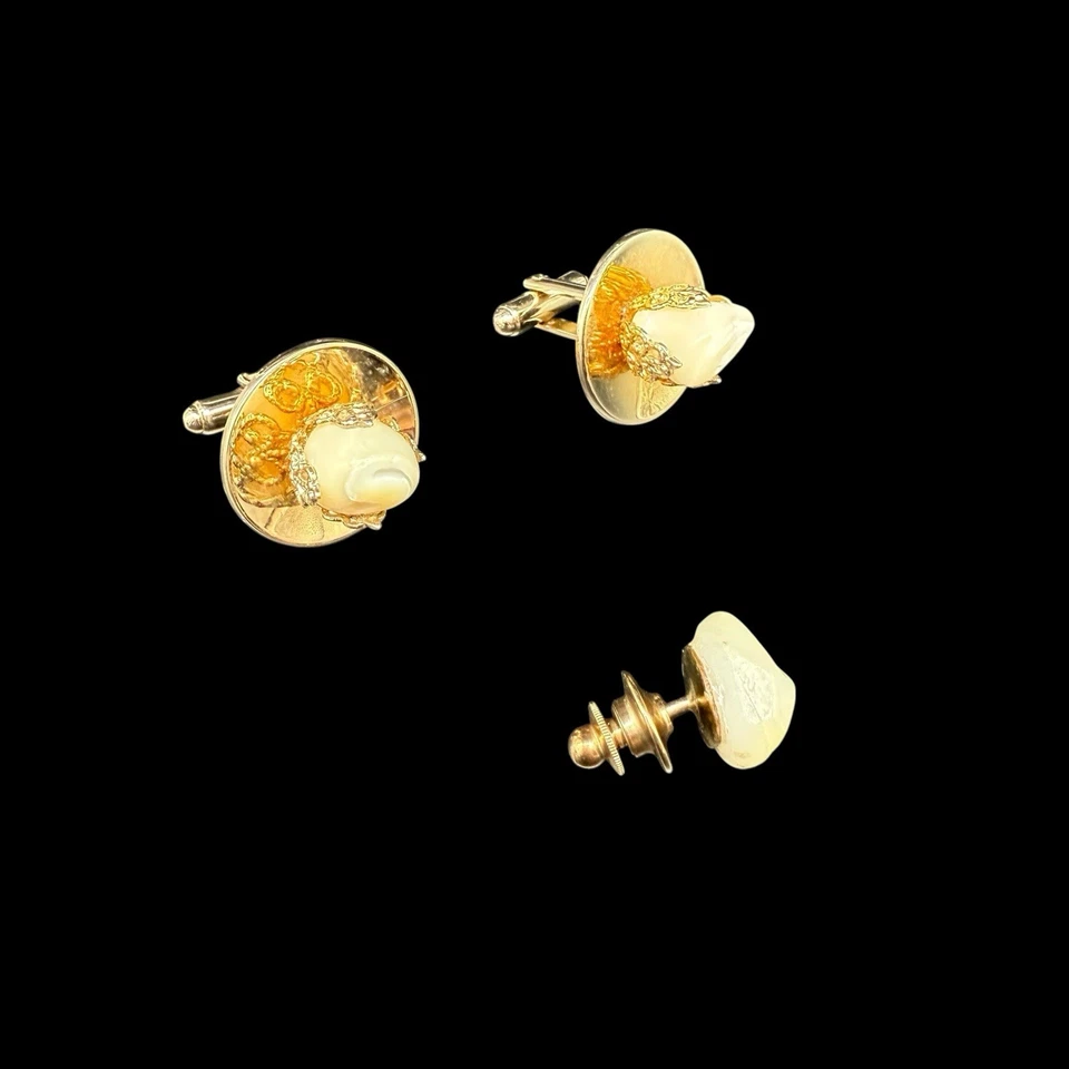 Gemelos y corbata vintage madreperla concha tono dorado espalda bala MCM Foto 3 de 4