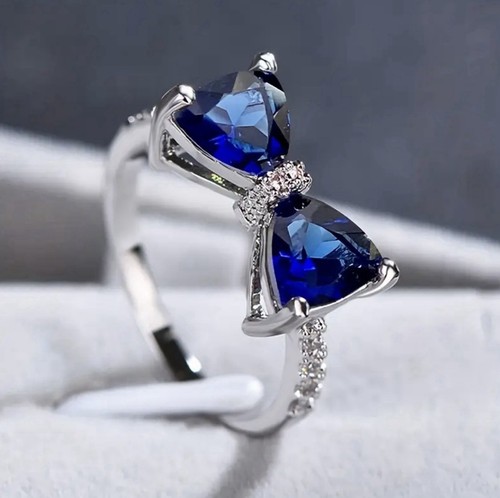 Y2k CZ BLAU Schleife Knoten Versprechen Ring Jahrestag Geschenk zierlich minimalistisch Geburtstag - Bild 1 von 4