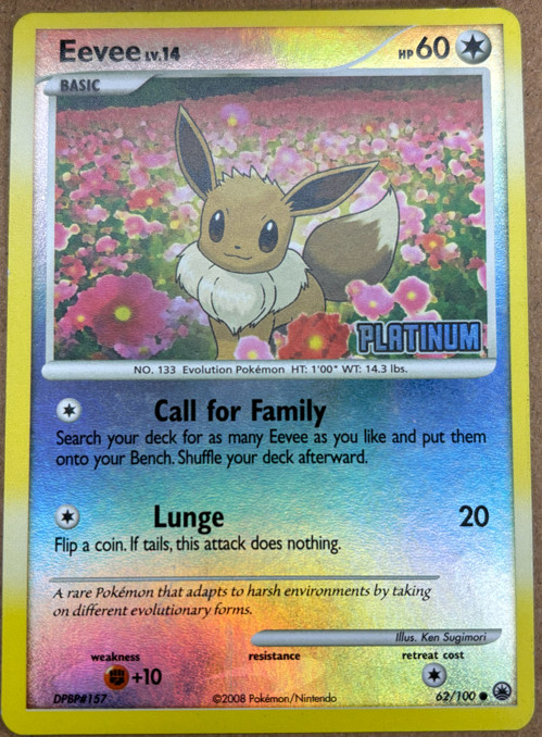 Eevee - Majestic Dawn (MD) 62/100, Common, Rev Holo, Platinum Promo Card
