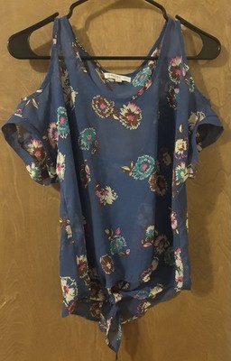 Love Fire Sheer Blue Floral Cold Shoulder SleeveFront Tie Women s XS Cutout Back