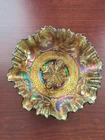 Very Nice Fenton Carnival Glass Green Dragon & Lotus CRE 3&1 Edge Bowl