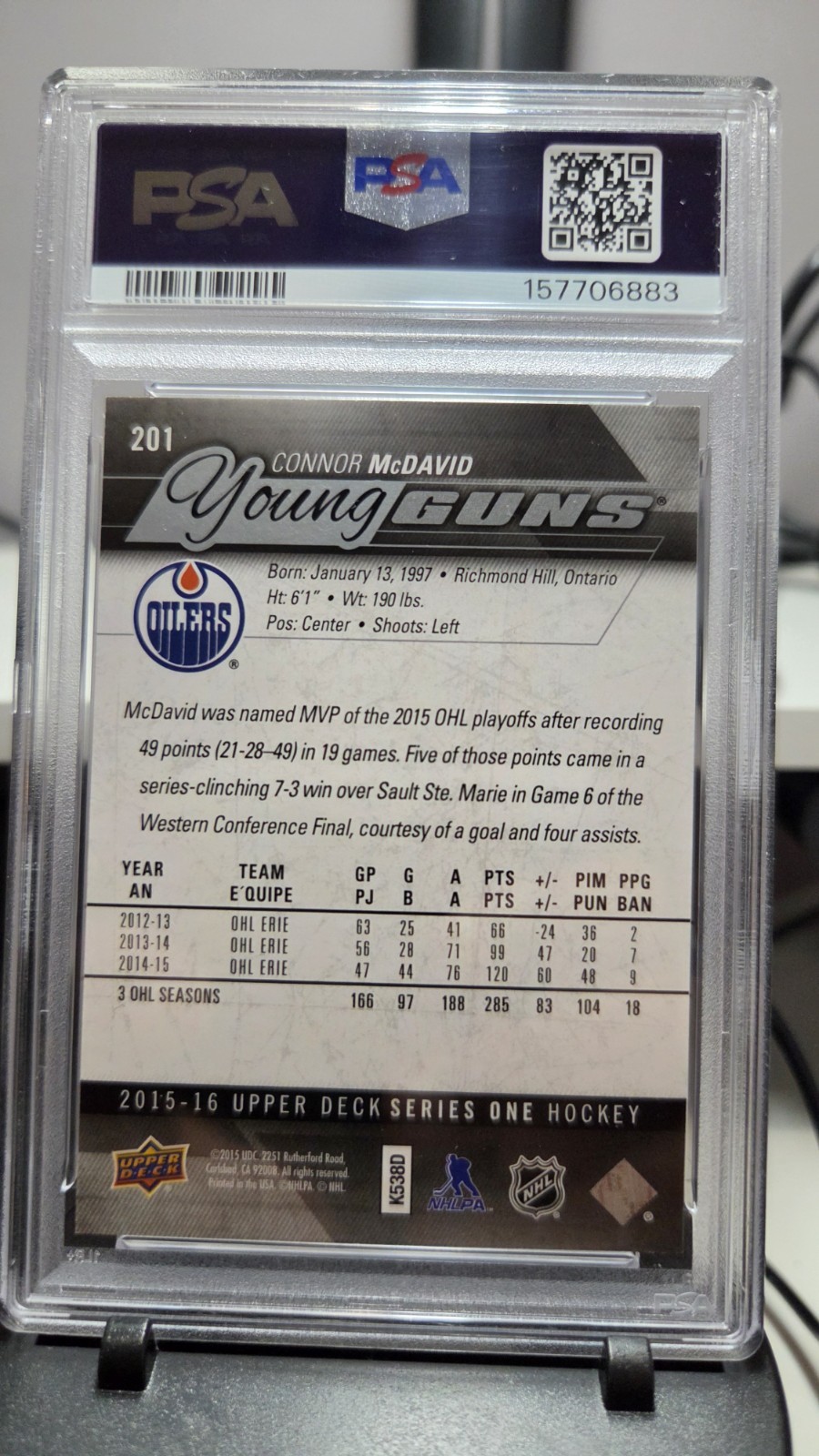 2015 Upper Deck Connor McDavid Young Guns #201 Rookie RC PSA 9 MINT view 3