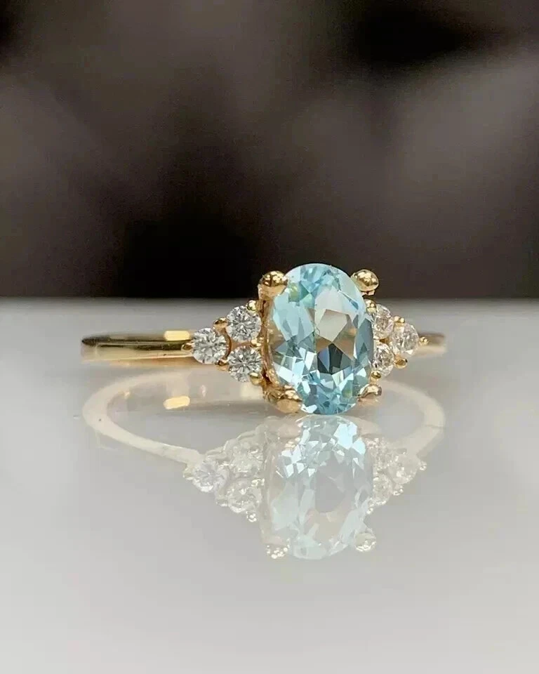 2.75 Ct Oval Cut Women's Aquamarine Wedding Ring 14K Yellow Gold - Image 3 of 4