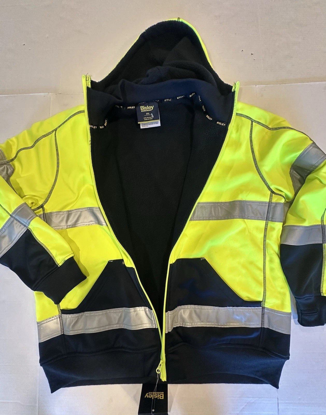 Bisley Workwear Jacket Hooded Zipper ANSI 107 R Class 3 Yellow Navy Reflect 2XL - product detail image 24