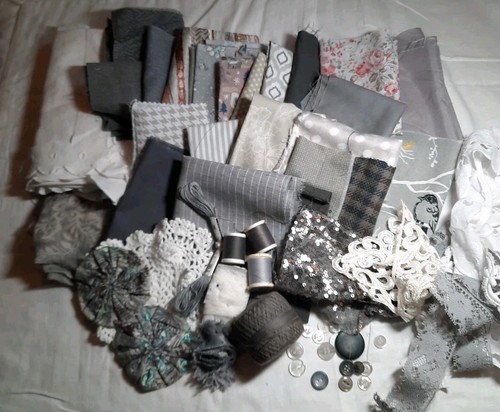 Slow Stitch Vintage Linen Kit Gray Embroidery Lace Floss Scrap Craft