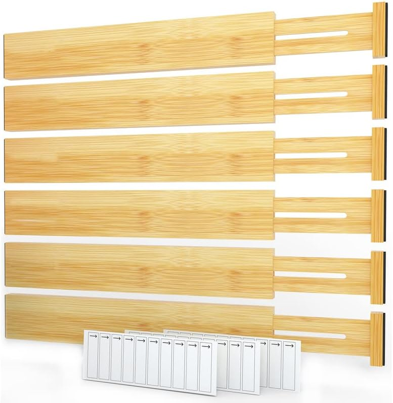 Bamboo Drawer Dividers with Labels, Kitchen Adjustable Drawer Organizers, Expand