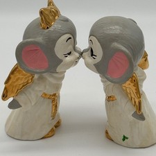 Vintage 1980 Ceramic Kissing Christmas Mice Angel Figurines Set Signed Kitsch