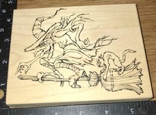 rubber stamp HALLOWEEN WITCH FLYING BROOM big Visual Image Printery,used Bask400