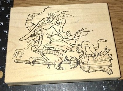 rubber stamp HALLOWEEN WITCH FLYING BROOM big Visual Image Printery,used Bask400