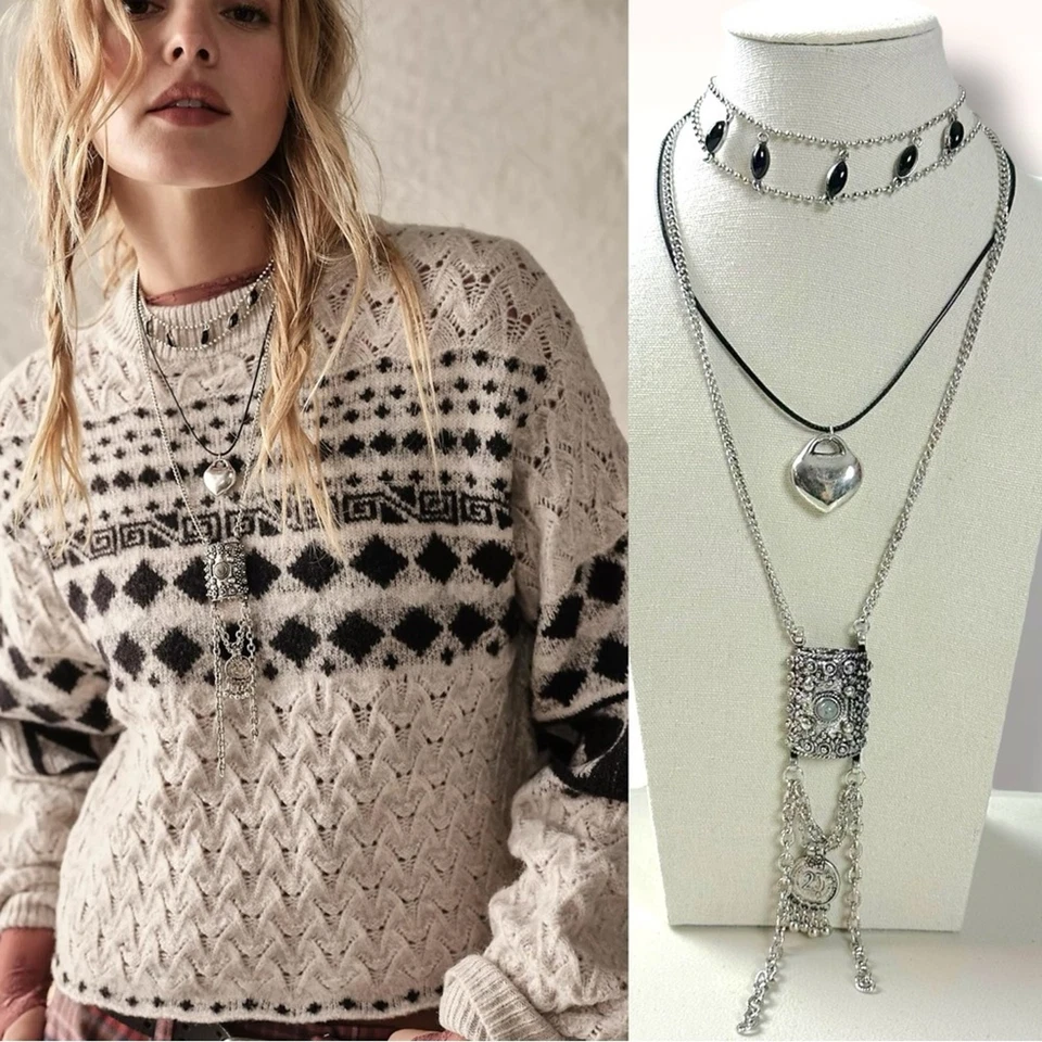 Collar en capas Free People For What It's Worth plateado nuevo con etiquetas flecos bohemios boho