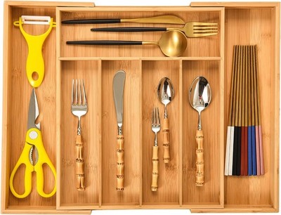 Besteckschublade Organizer Erweiterbar Bambus Utensilien Tablett, Verstellbar Silberbesteck