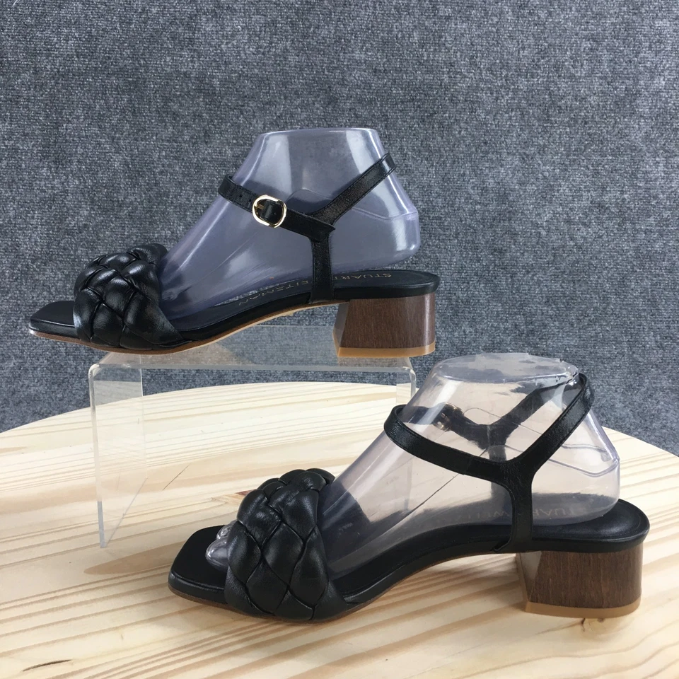 Sandalias Stuart Weitzman para mujer 8 B correa al tobillo cuero negro punta abierta tacón bloque Foto 2 de 4