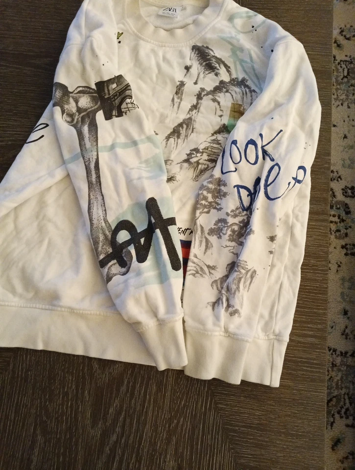 Zara Pullover Mens L White Graffiti Sweater 100% Cotton - Image 4 of 4