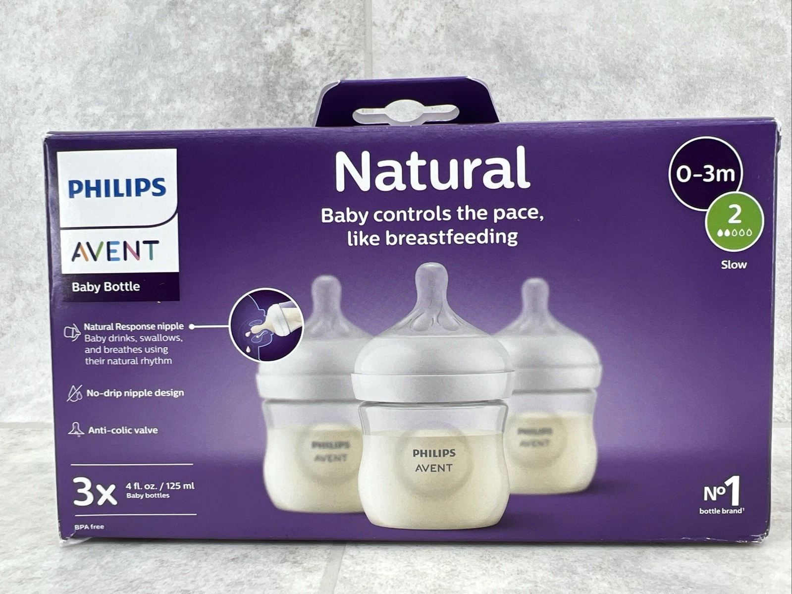 3 Pack Philips Avent Natural 4 oz Baby Bottles w/ Natural Response 0M Flow 2